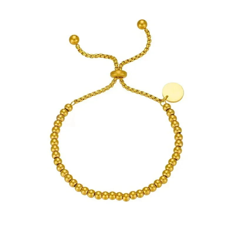 Bead Bracelet, Disc Charm & Slider, Gold-Plated Stainless Steel