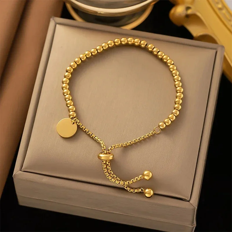 Bead Bracelet, Disc Charm & Slider, Gold-Plated Stainless Steel