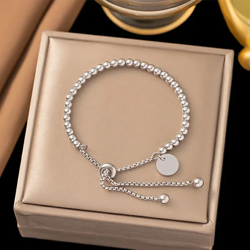 Bead Bracelet, Disc Charm & Slider, Gold-Plated Stainless Steel