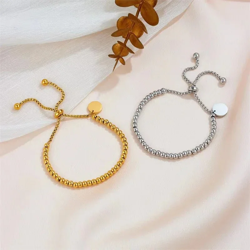 Bead Bracelet, Disc Charm & Slider, Gold-Plated Stainless Steel
