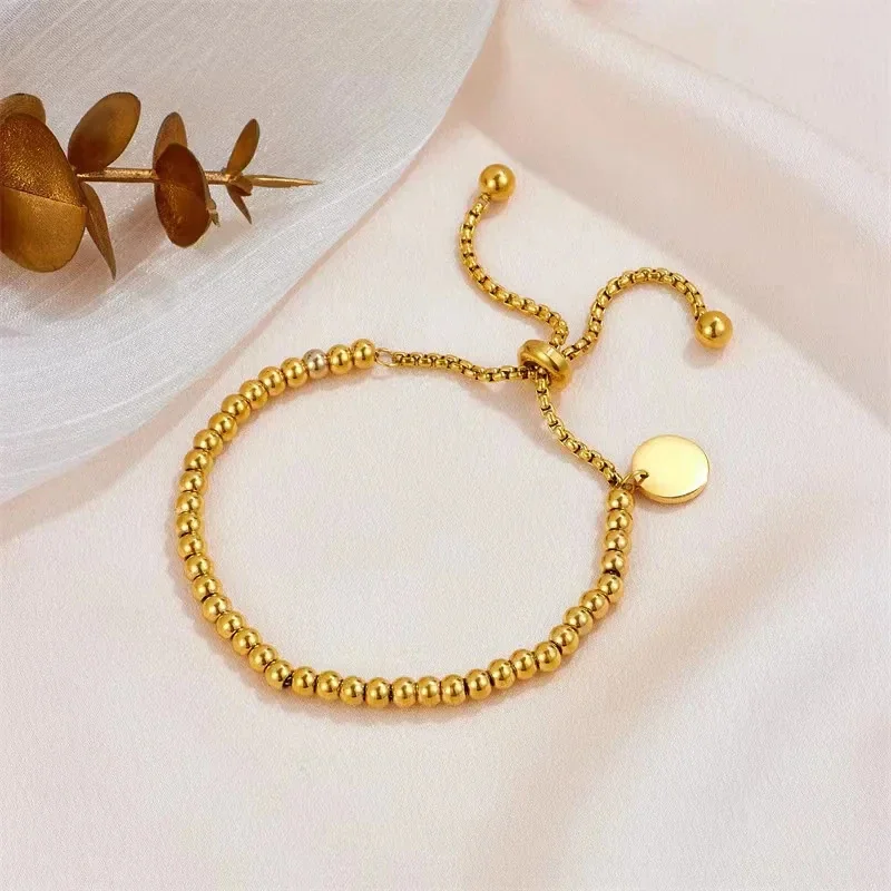Bead Bracelet, Disc Charm & Slider, Gold-Plated Stainless Steel