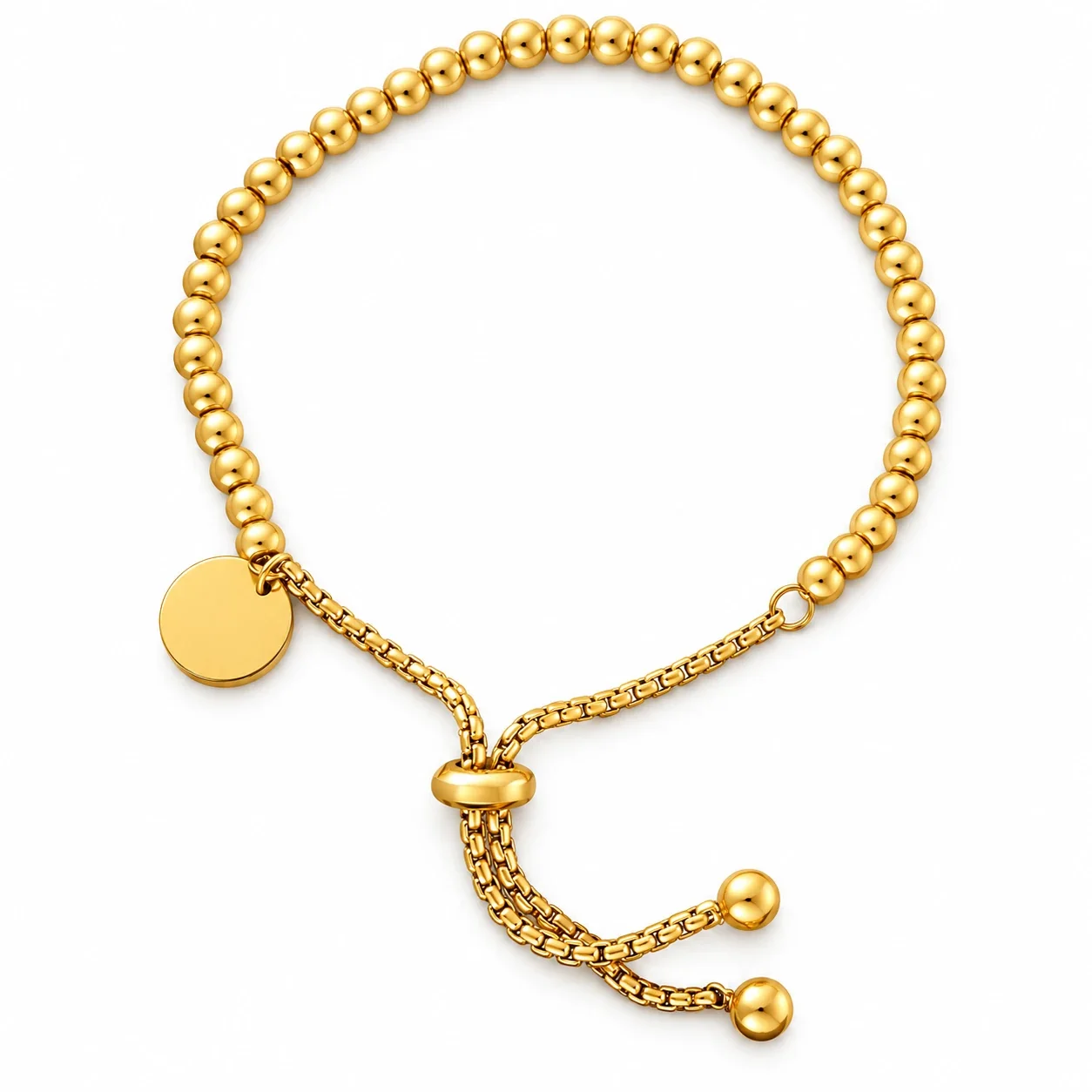 Bead Bracelet, Disc Charm & Slider, Gold-Plated Stainless Steel - Gold