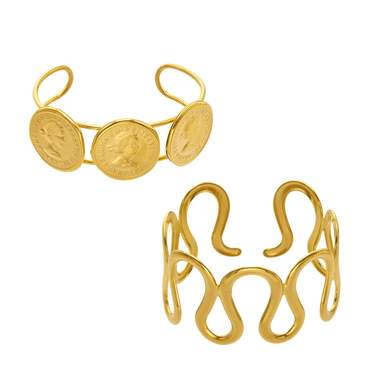 Sculptural Wave Loop Coin Stainless Steel PVD Cuff