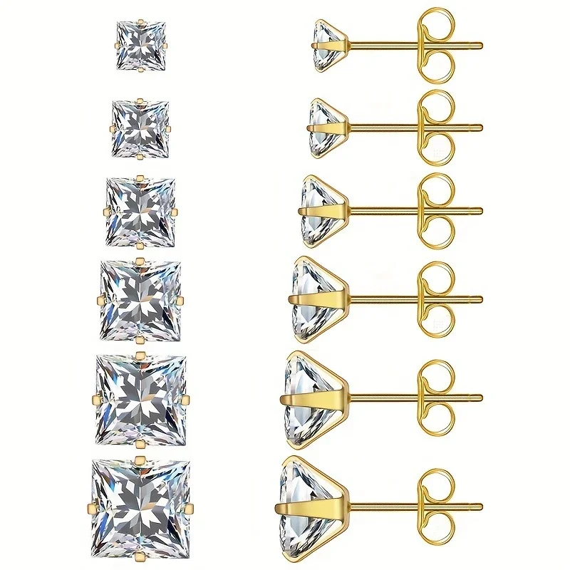 Faceted Stainless Steel Square CZ Four-Prong Stud Earrings