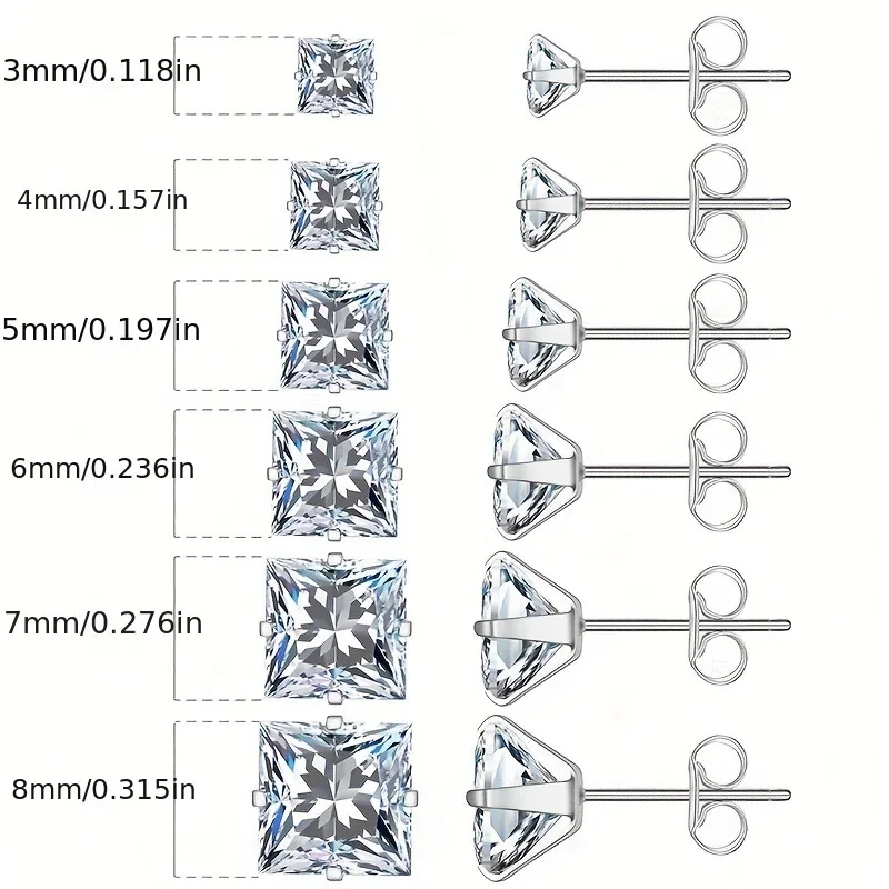 Faceted Stainless Steel Square CZ Four-Prong Stud Earrings