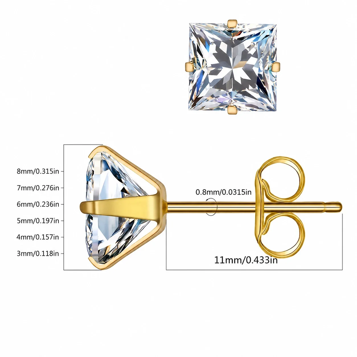 Faceted Stainless Steel Square CZ Four-Prong Stud Earrings