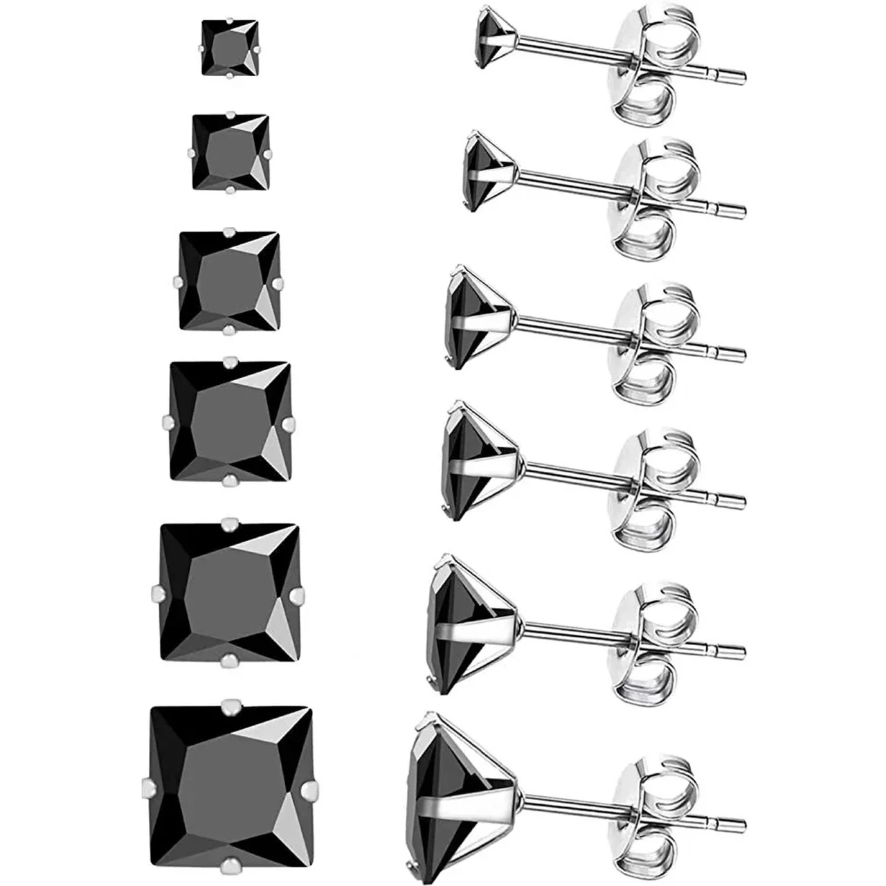 Faceted Stainless Steel Square CZ Four-Prong Stud Earrings