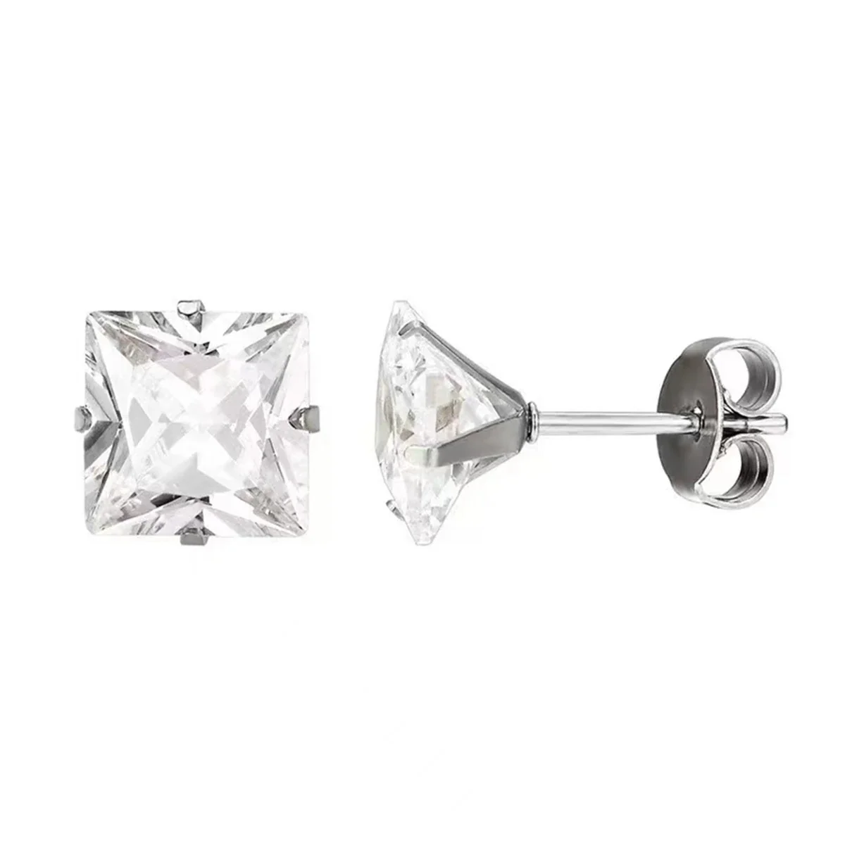 Faceted Stainless Steel Square CZ Four-Prong Stud Earrings - Silver Clear CZ