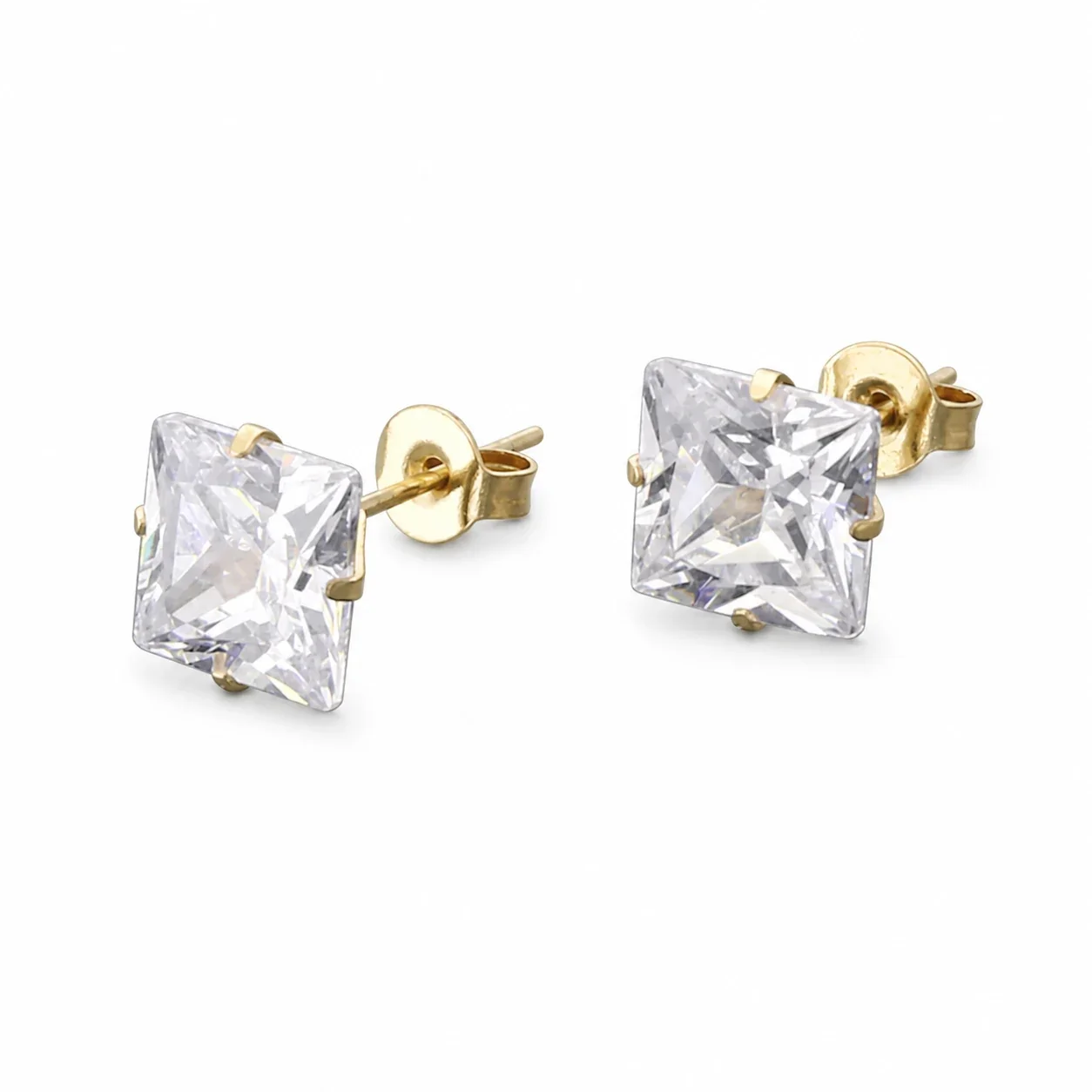 Faceted Stainless Steel Square CZ Four-Prong Stud Earrings - Gold Clear CZ