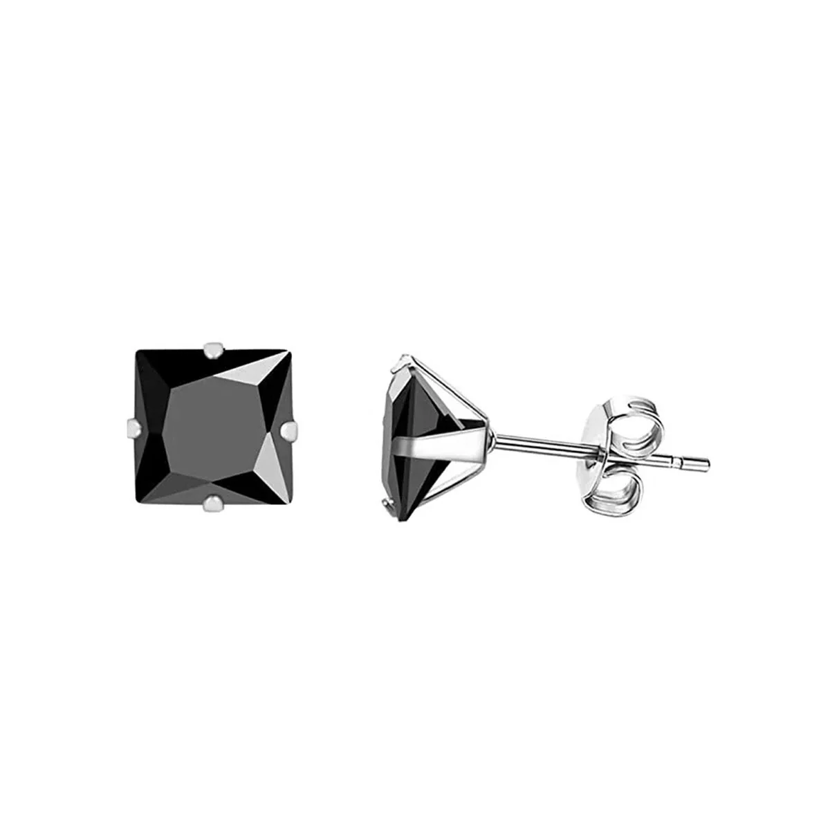 Faceted Stainless Steel Square CZ Four-Prong Stud Earrings - Silver Black CZ