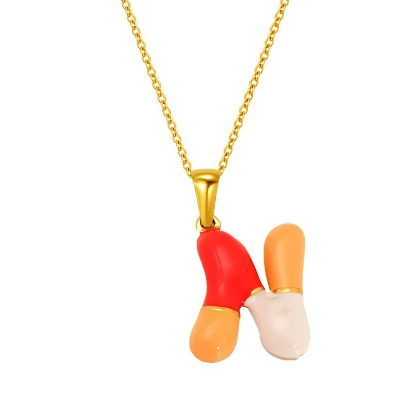 Playful Stainless Steel Enamel Bubble Letter Chain Necklace - Gold Letter N