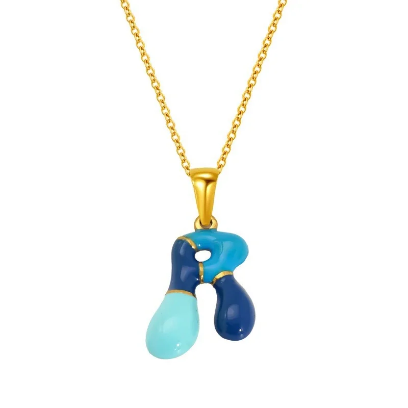 Playful Stainless Steel Enamel Bubble Letter Chain Necklace - Gold Letter R