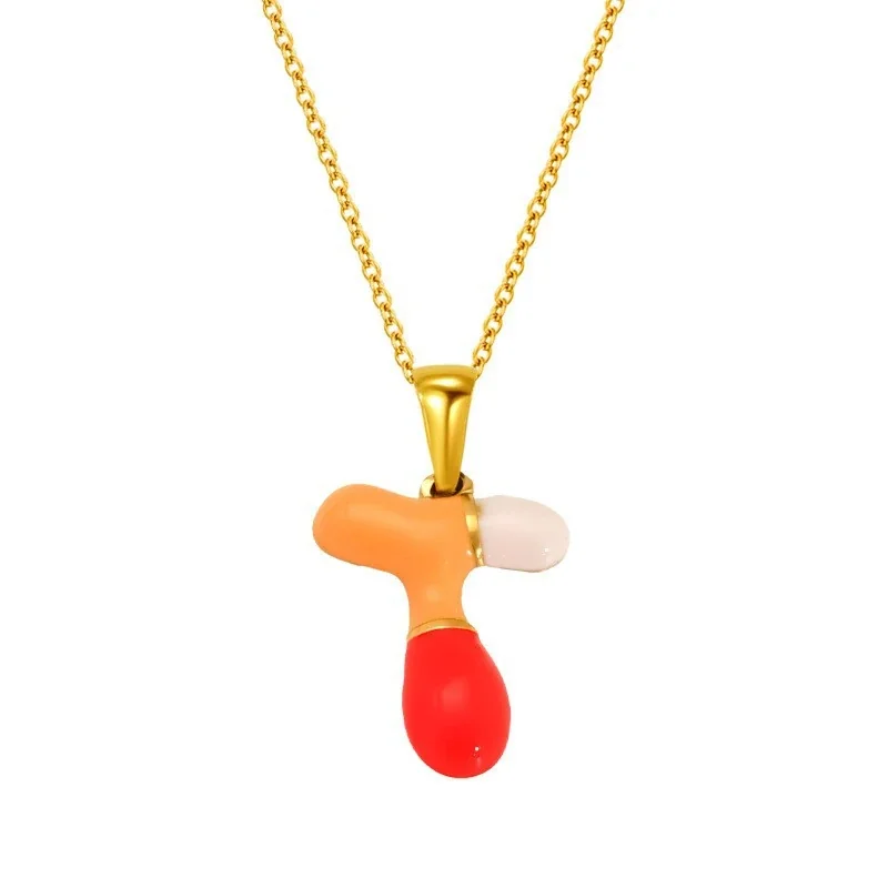 Playful Stainless Steel Enamel Bubble Letter Chain Necklace - Gold Letter T