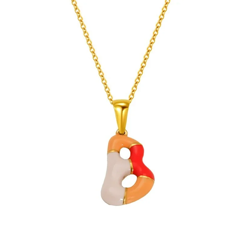 Playful Stainless Steel Enamel Bubble Letter Chain Necklace - Gold Letter B