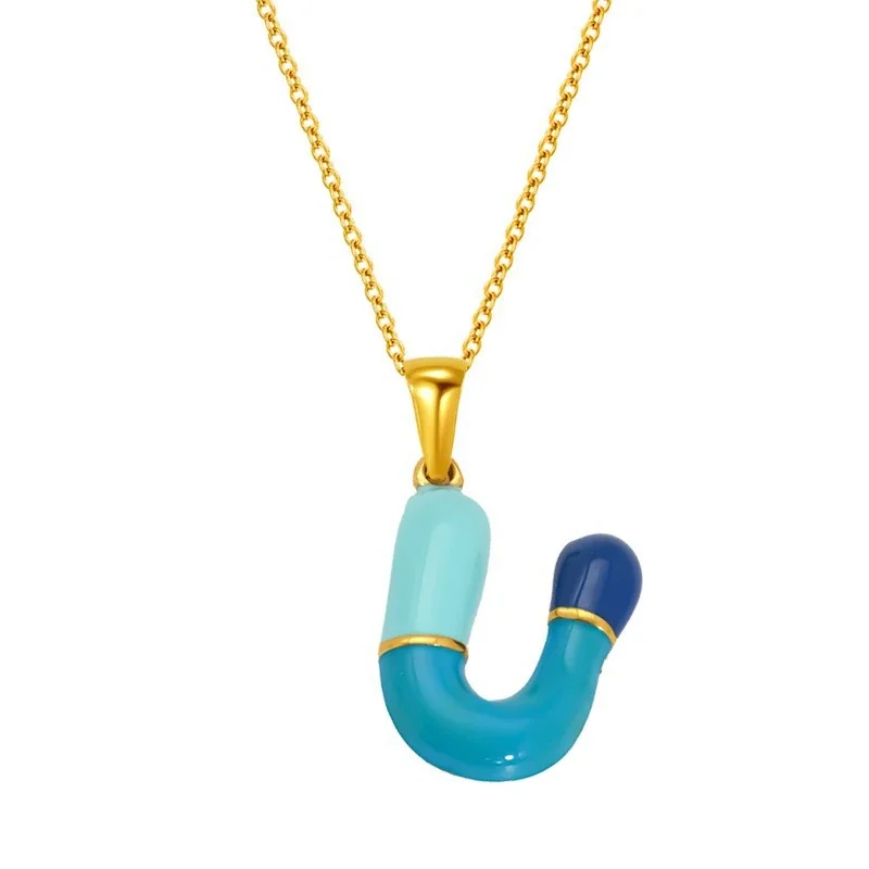 Playful Stainless Steel Enamel Bubble Letter Chain Necklace - Gold Letter U