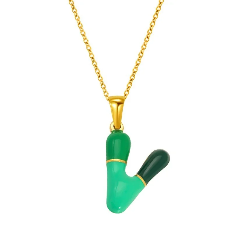 Playful Stainless Steel Enamel Bubble Letter Chain Necklace - Gold Letter V