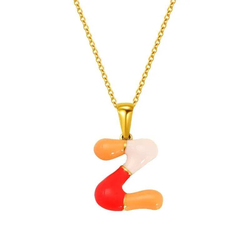 Playful Stainless Steel Enamel Bubble Letter Chain Necklace - Gold Letter Z