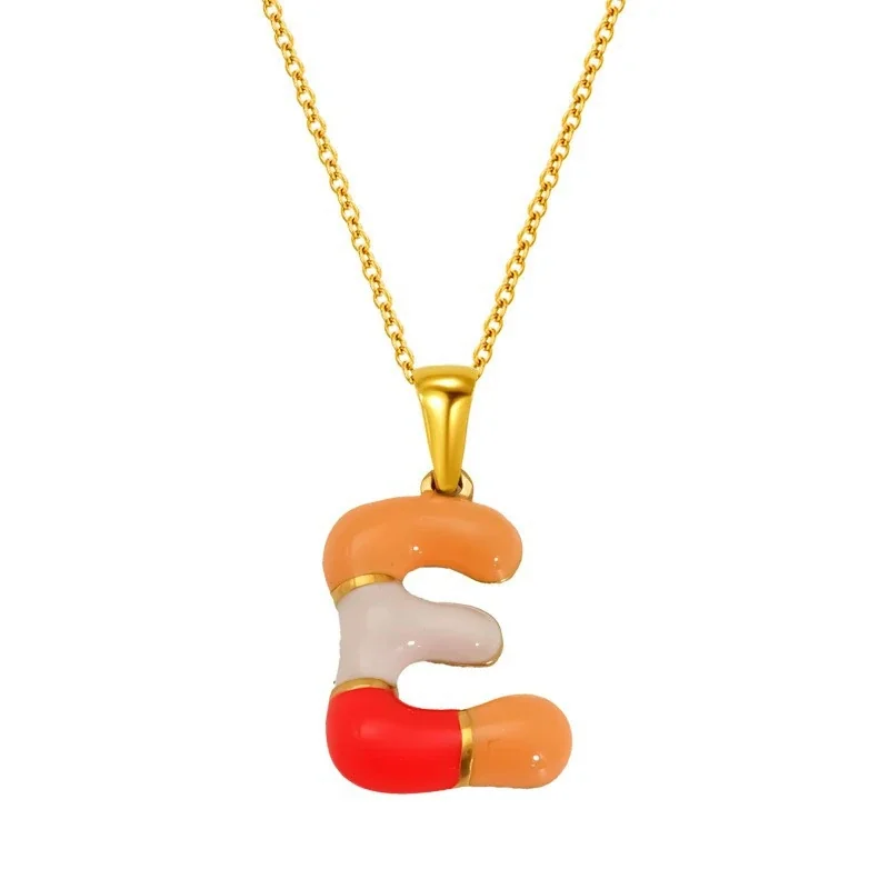 Playful Stainless Steel Enamel Bubble Letter Chain Necklace - Gold Letter E