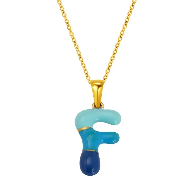 Playful Stainless Steel Enamel Bubble Letter Chain Necklace - Gold Letter F