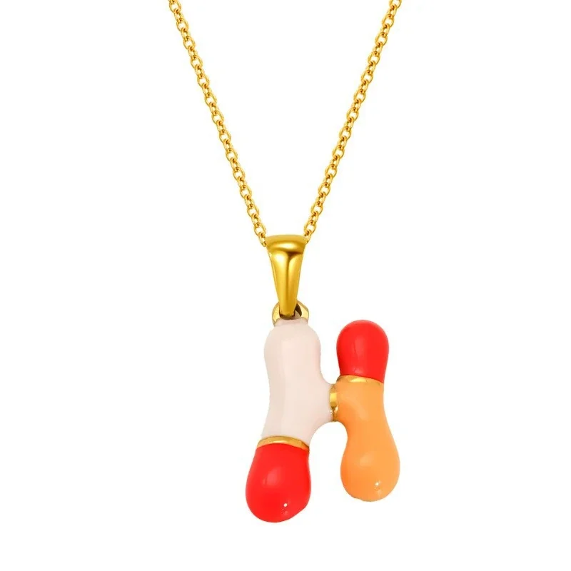 Playful Stainless Steel Enamel Bubble Letter Chain Necklace - Gold Letter H