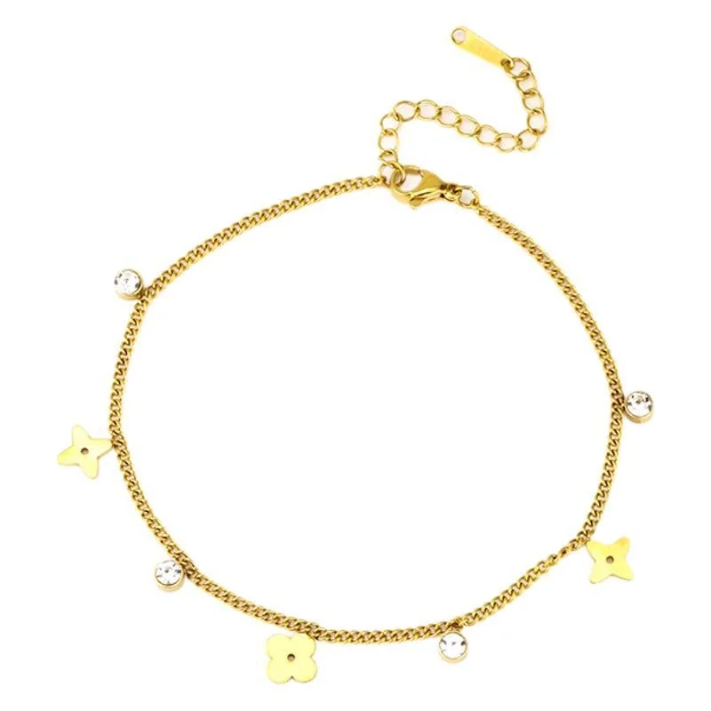 Stainless Steel Anklet, Flower Charms & Clear Crystals, Gold-Plated