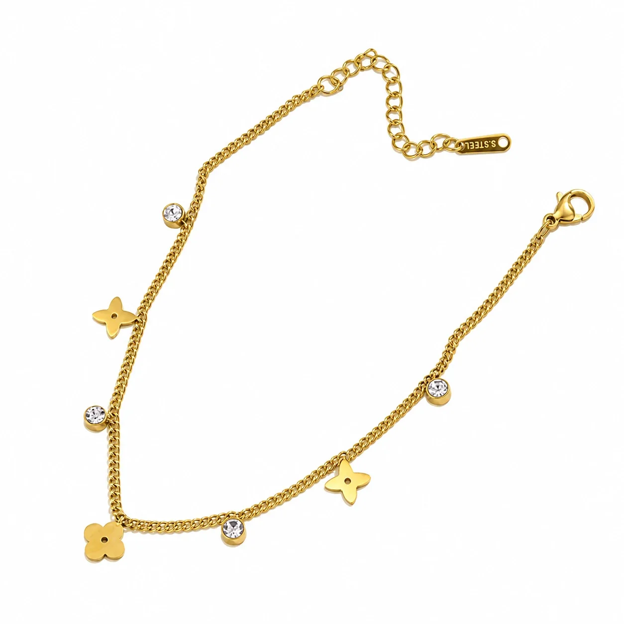 Stainless Steel Anklet, Flower Charms & Clear Crystals, Gold-Plated