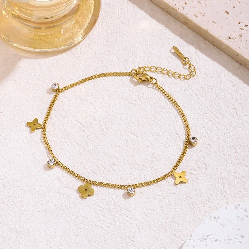 Stainless Steel Anklet, Flower Charms & Clear Crystals, Gold-Plated