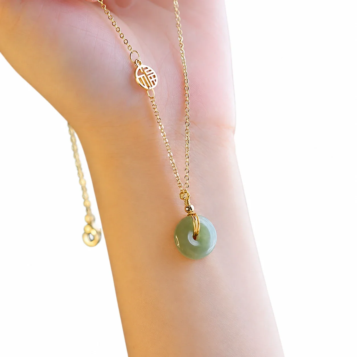 Pendant Necklace with Green Donut Gemstone, Gold-Tone Stainless Steel