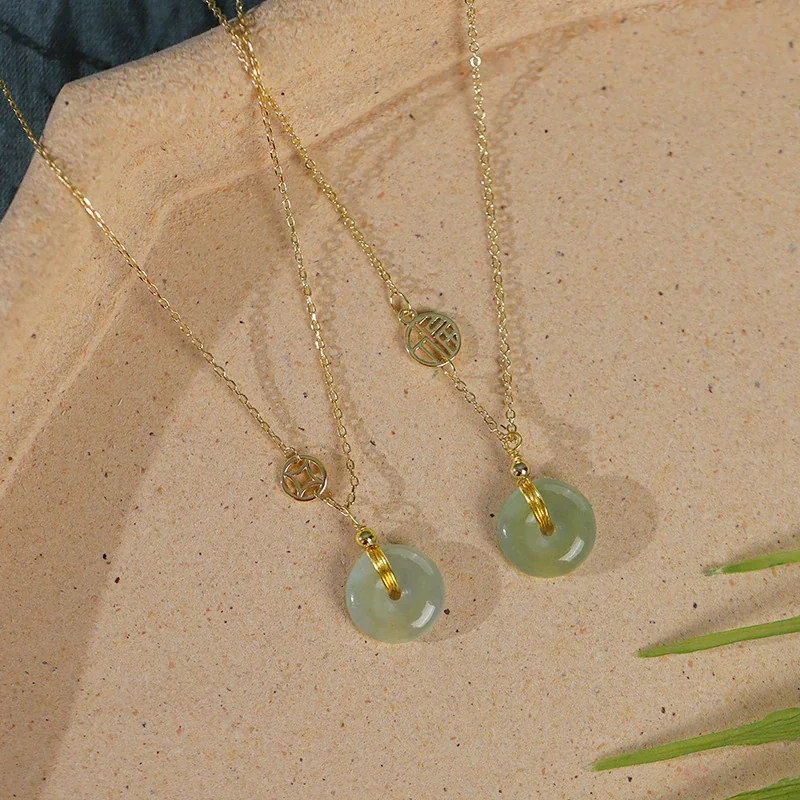 Pendant Necklace with Green Donut Gemstone, Gold-Tone Stainless Steel