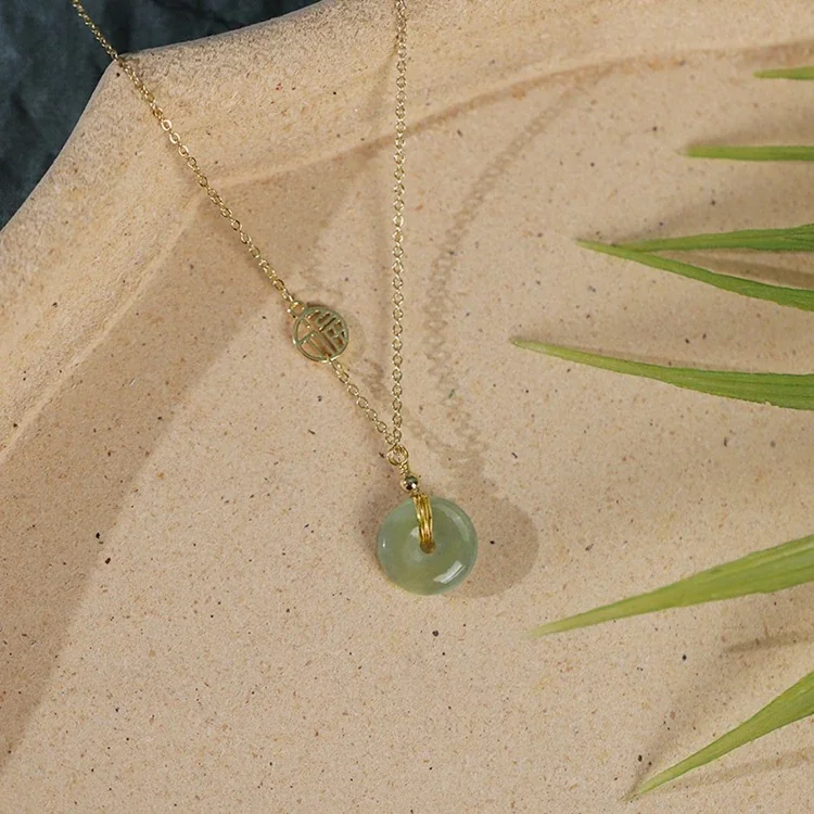 Pendant Necklace with Green Donut Gemstone, Gold-Tone Stainless Steel