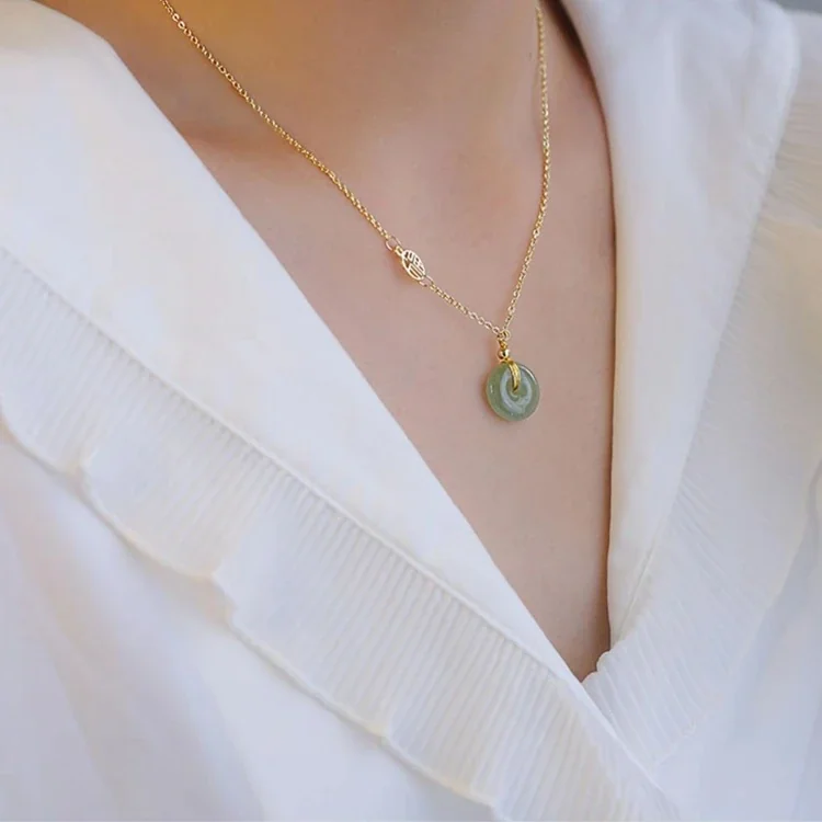 Pendant Necklace with Green Donut Gemstone, Gold-Tone Stainless Steel