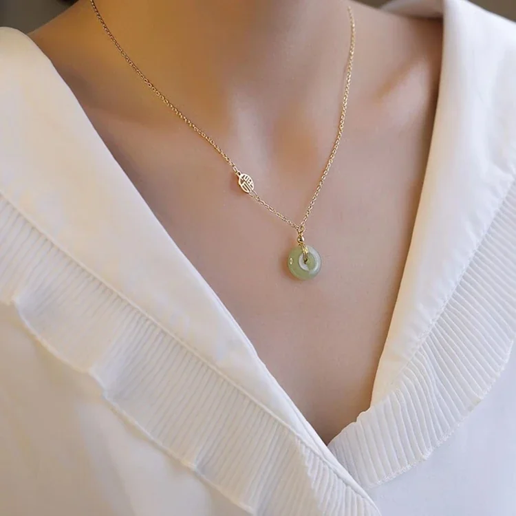Pendant Necklace with Green Donut Gemstone, Gold-Tone Stainless Steel