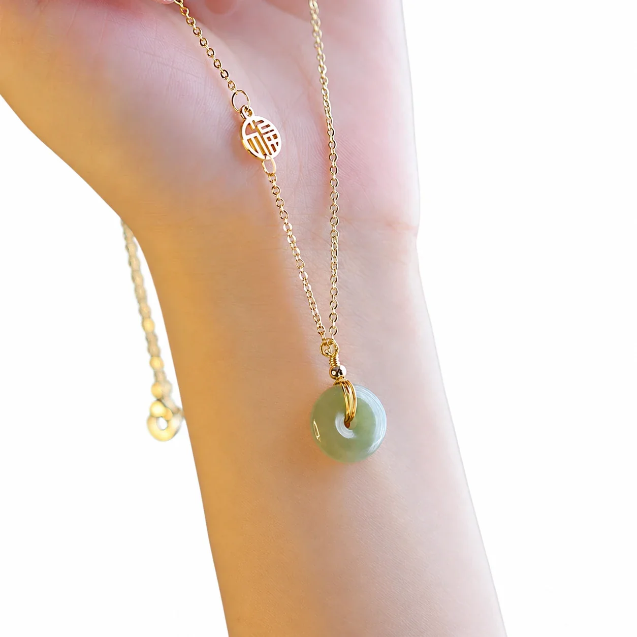 Pendant Necklace with Green Donut Gemstone, Gold-Tone Stainless Steel - Gold
