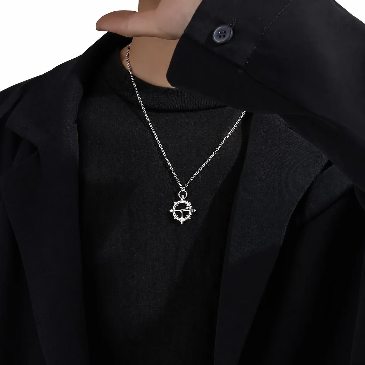 Compass Stainless Steel Anchor-Chain Pendant Necklace