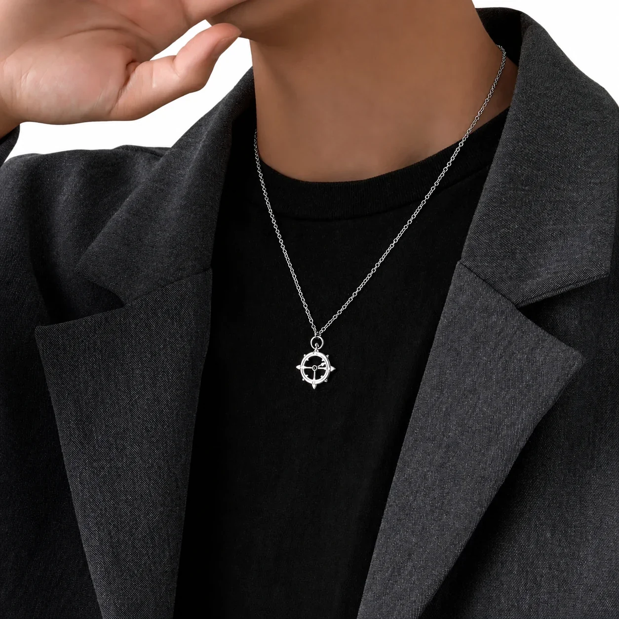 Compass Stainless Steel Anchor-Chain Pendant Necklace
