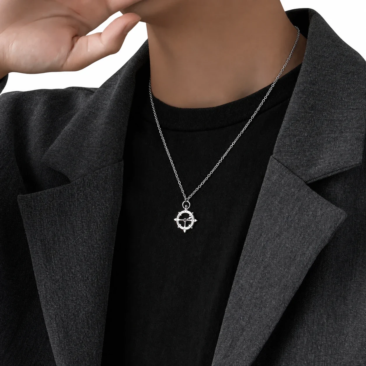 Compass Stainless Steel Anchor-Chain Pendant Necklace - Silver Black Crystal