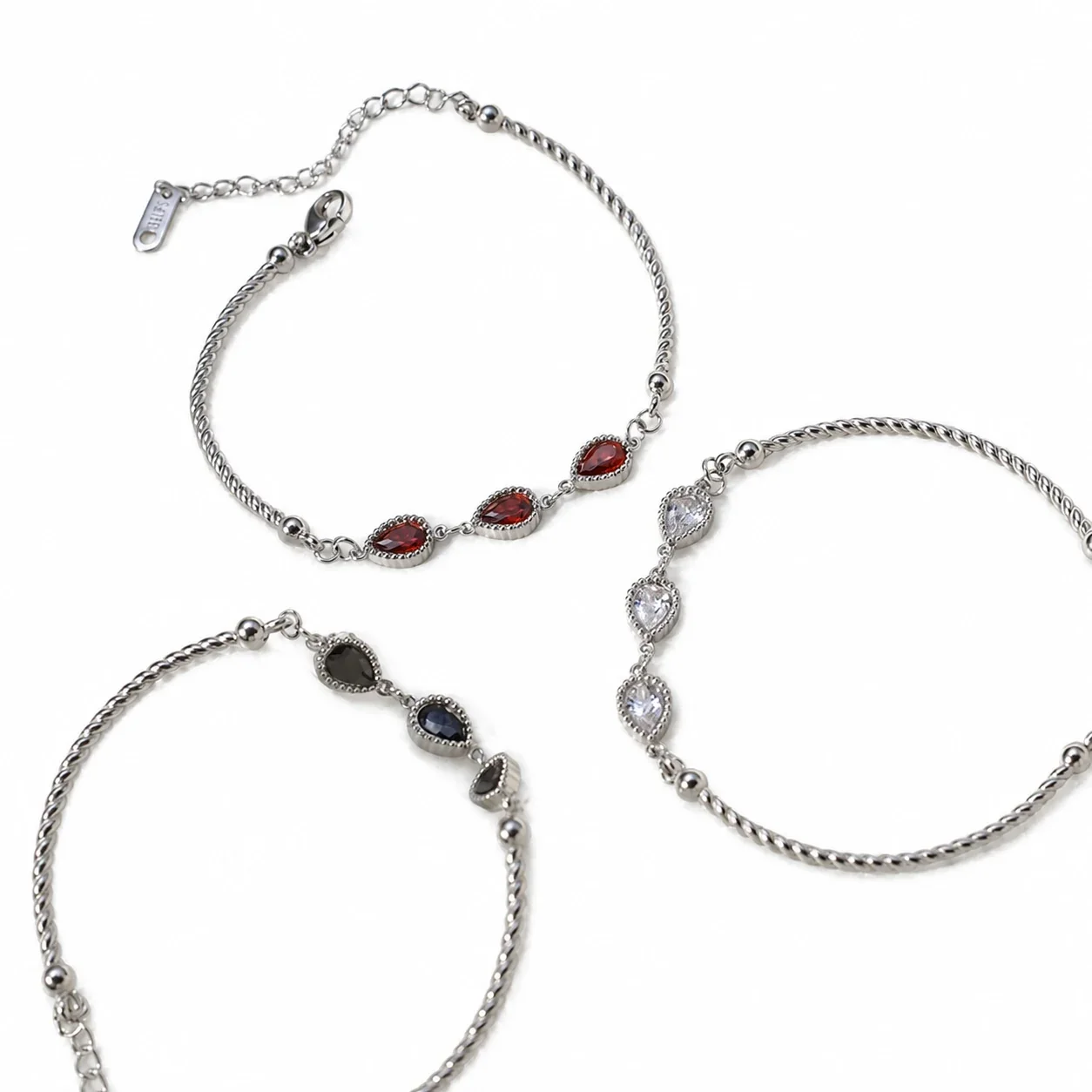 Bracelet with Teardrop CZ Trio and Twisted Stainless Steel
