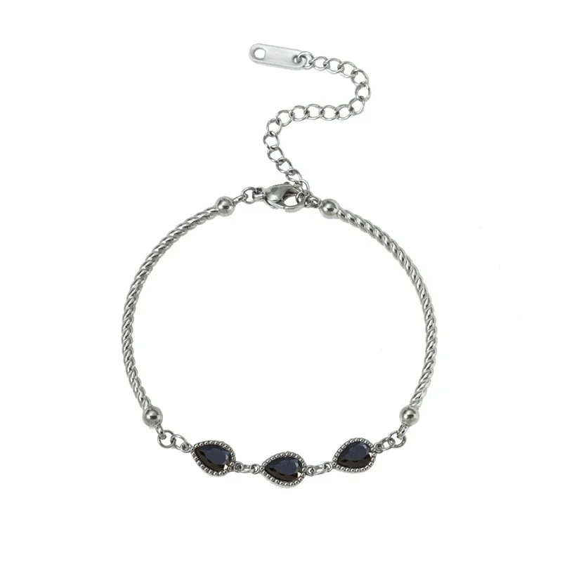 Bracelet with Teardrop CZ Trio and Twisted Stainless Steel - Silver Black CZ