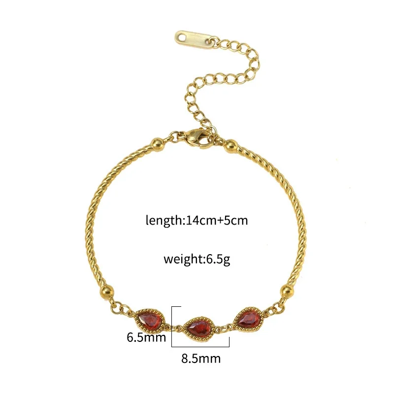 Bracelet with Teardrop CZ Trio and Twisted Stainless Steel - Gold Red CZ