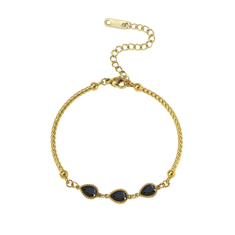 Bracelet with Teardrop CZ Trio and Twisted Stainless Steel - Gold Clear CZ