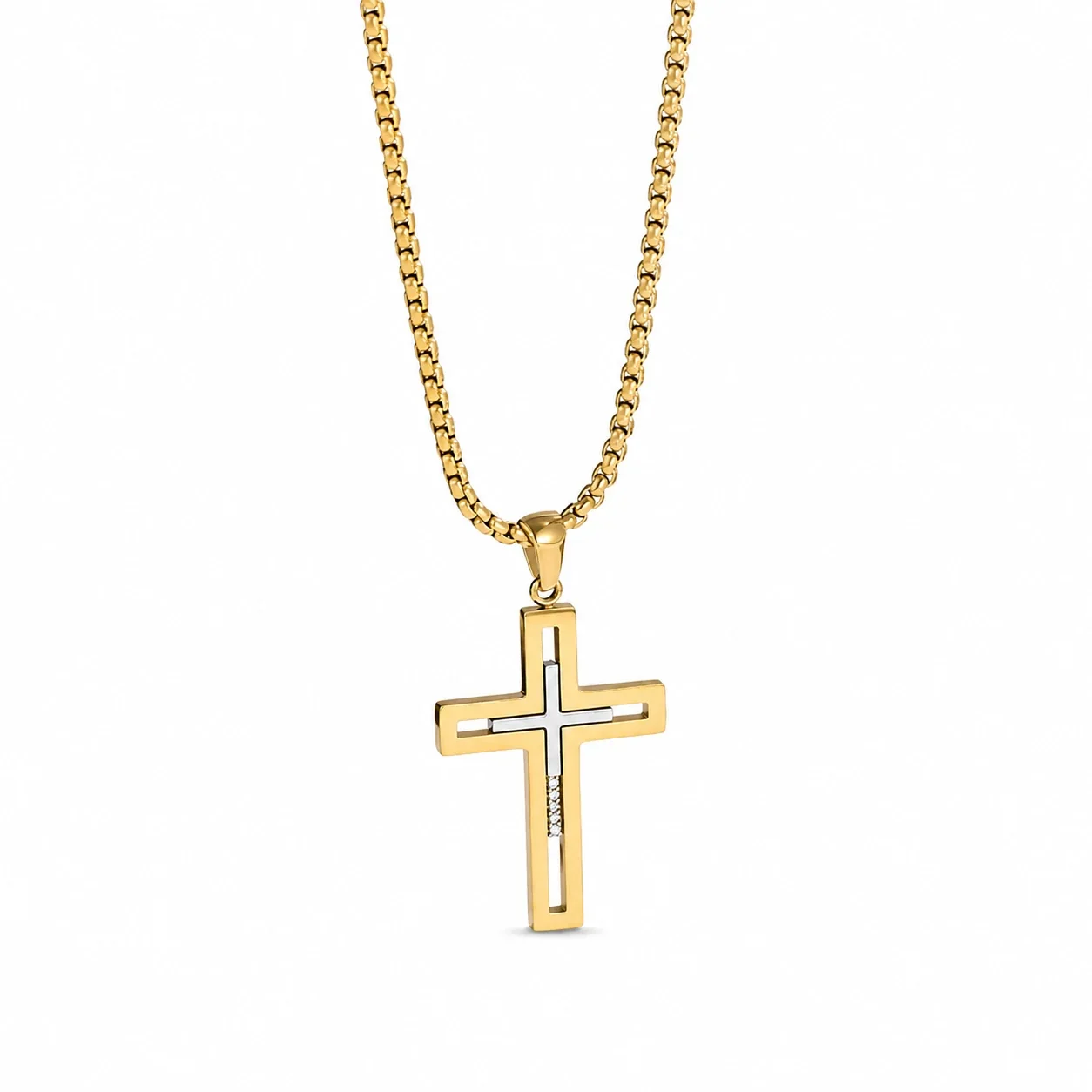 Bold 316 Stainless Steel Open Cross Pendant Necklace - Tone Pavé