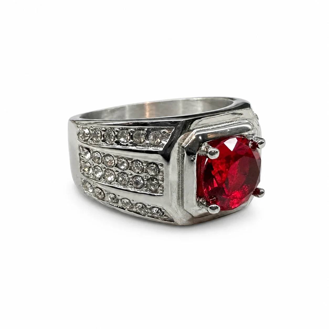 Bold 316 Stainless Steel Cushion-Cut Signet Ring - Red