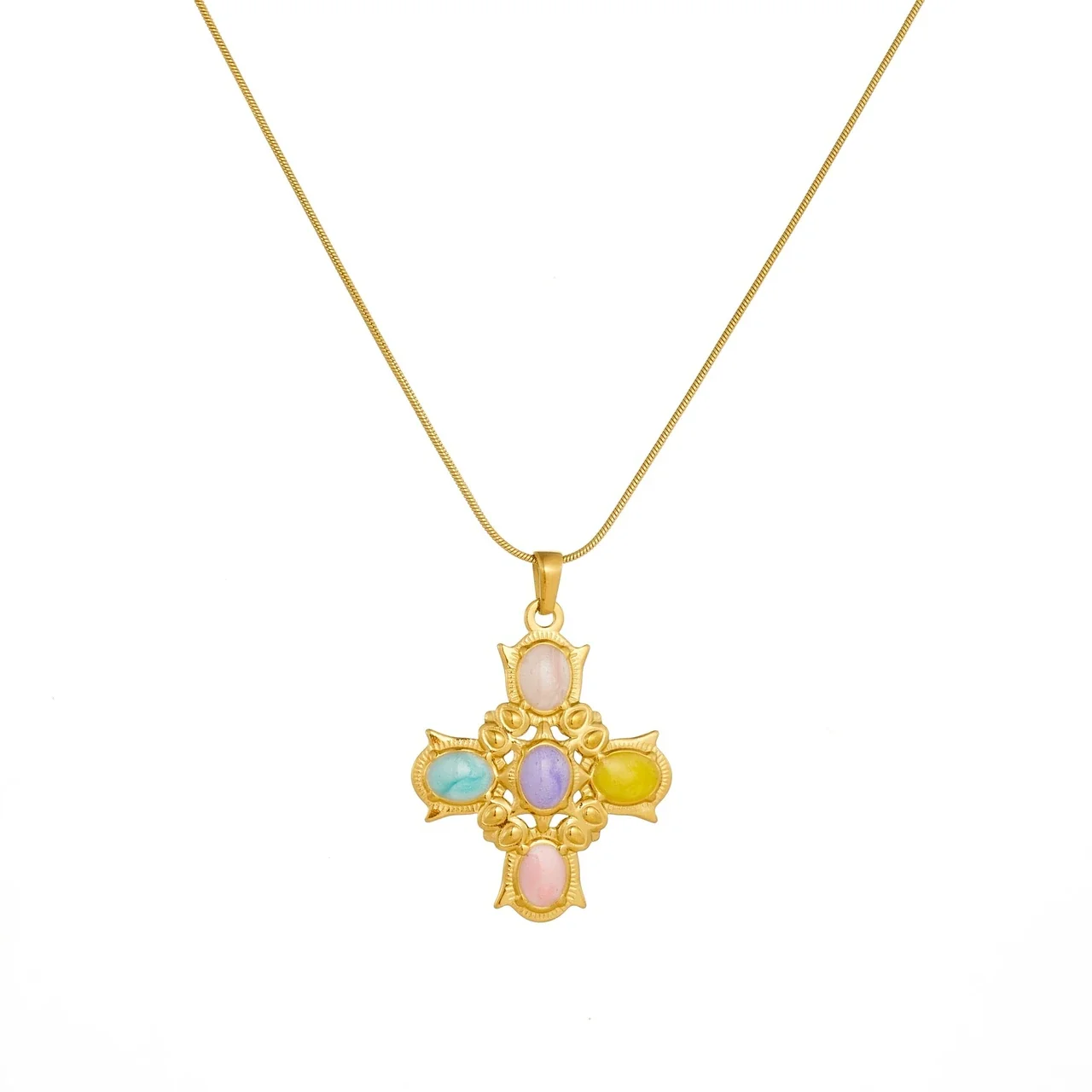 Cross Pendant Necklace with Pastel Cabochons, Gold-Plated Steel