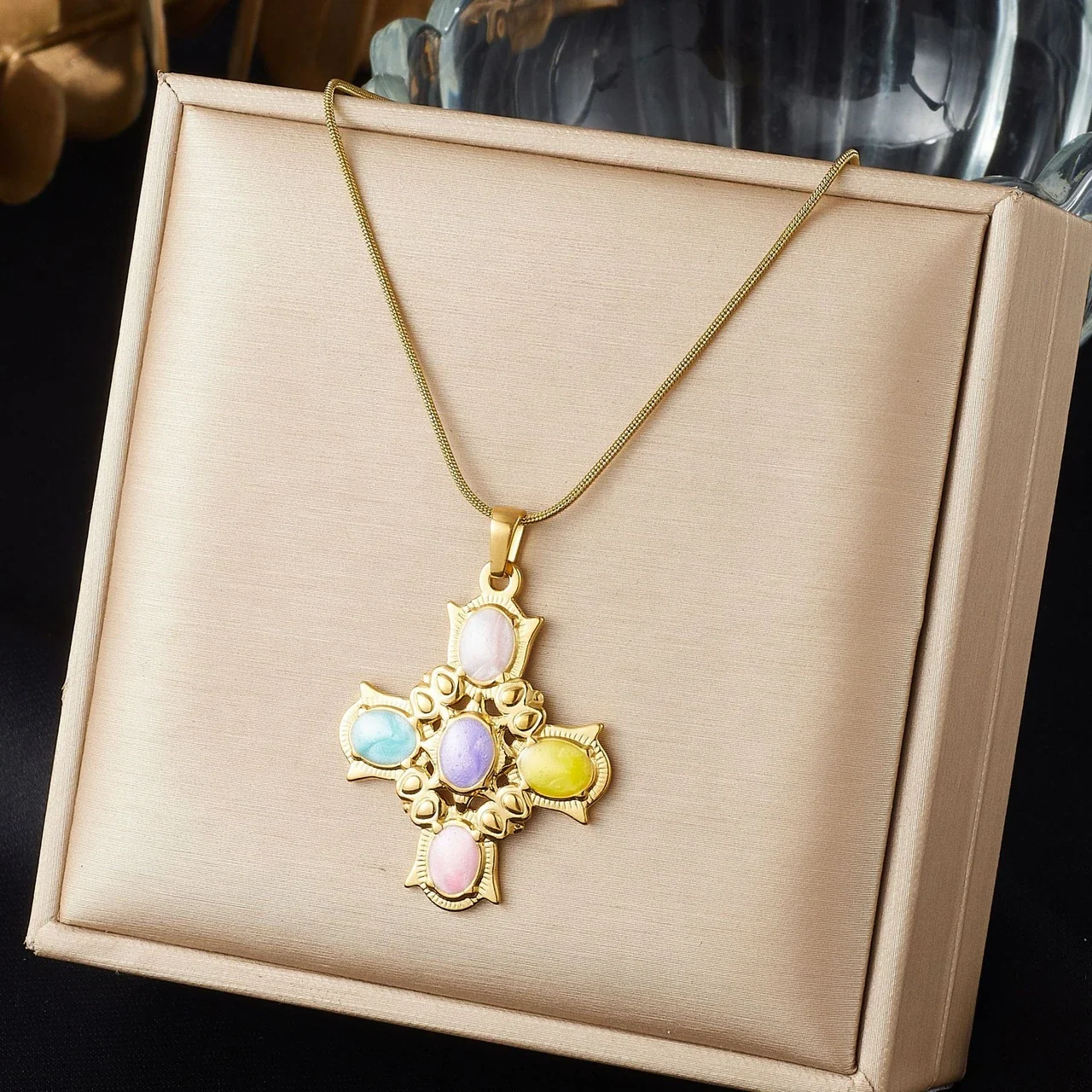 Cross Pendant Necklace with Pastel Cabochons, Gold-Plated Steel