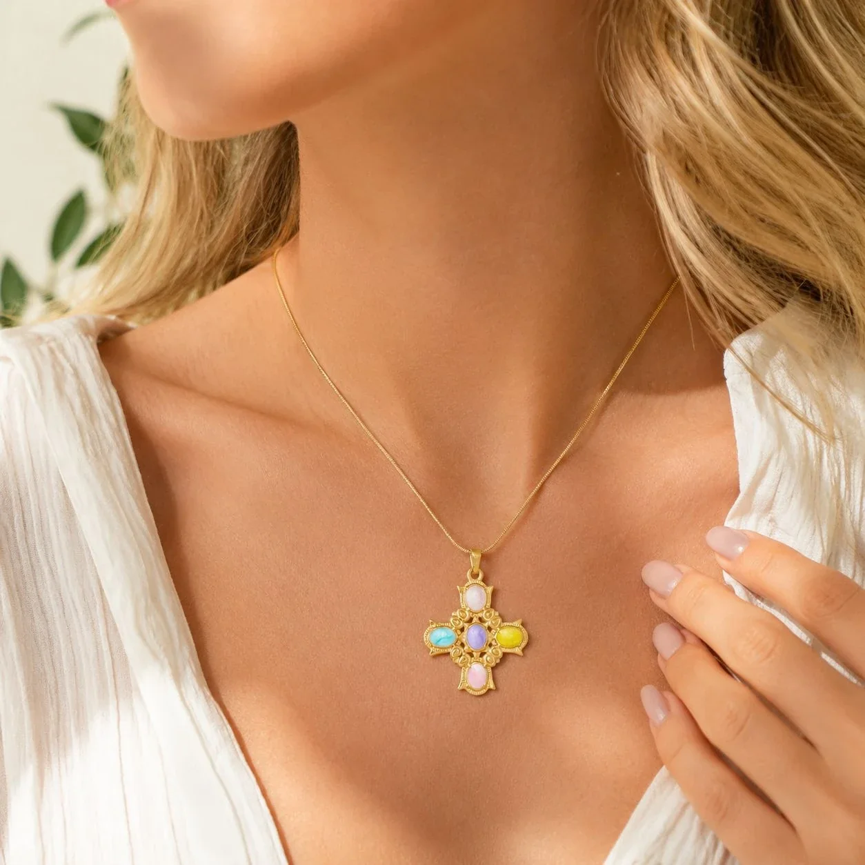 Cross Pendant Necklace with Pastel Cabochons, Gold-Plated Steel