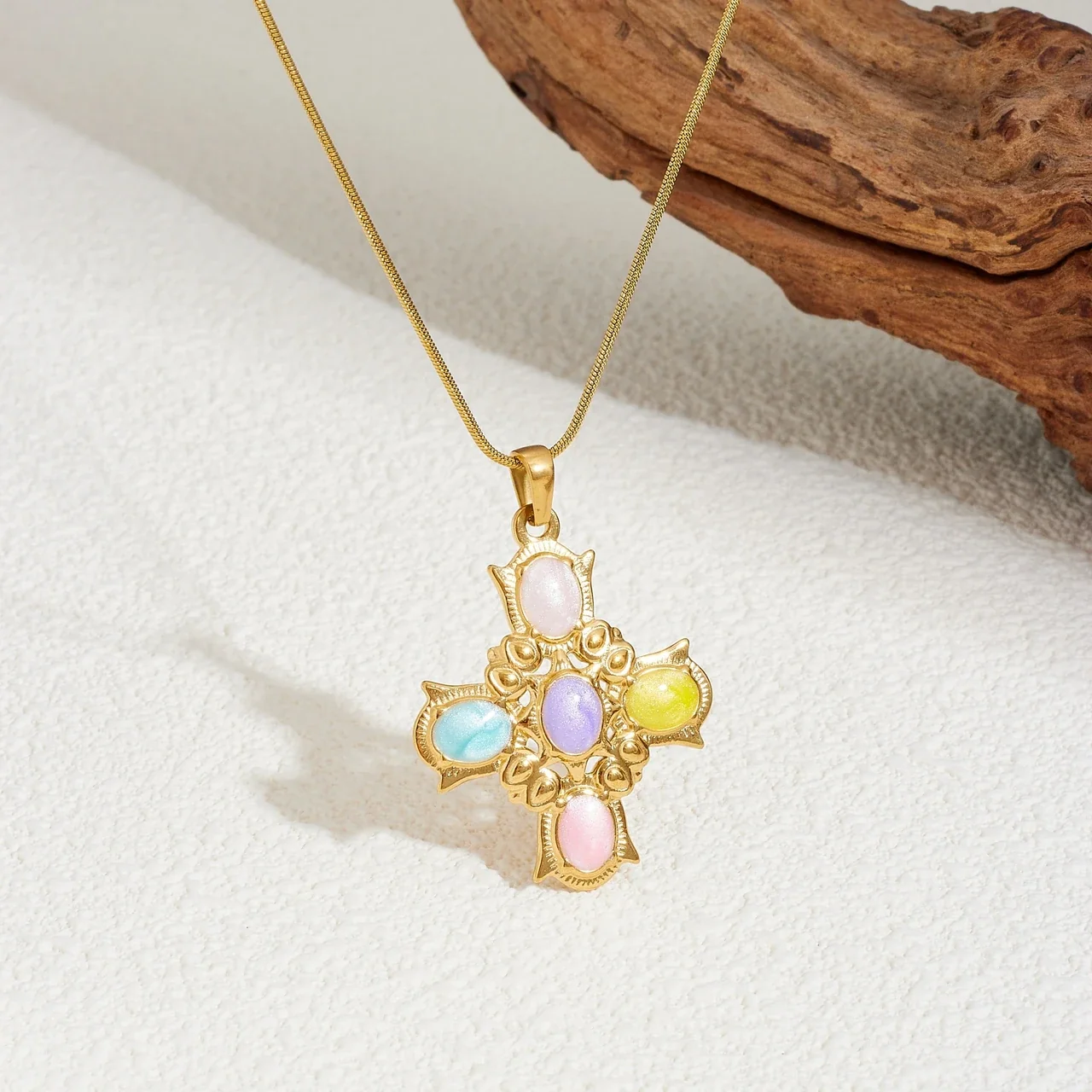 Cross Pendant Necklace with Pastel Cabochons, Gold-Plated Steel