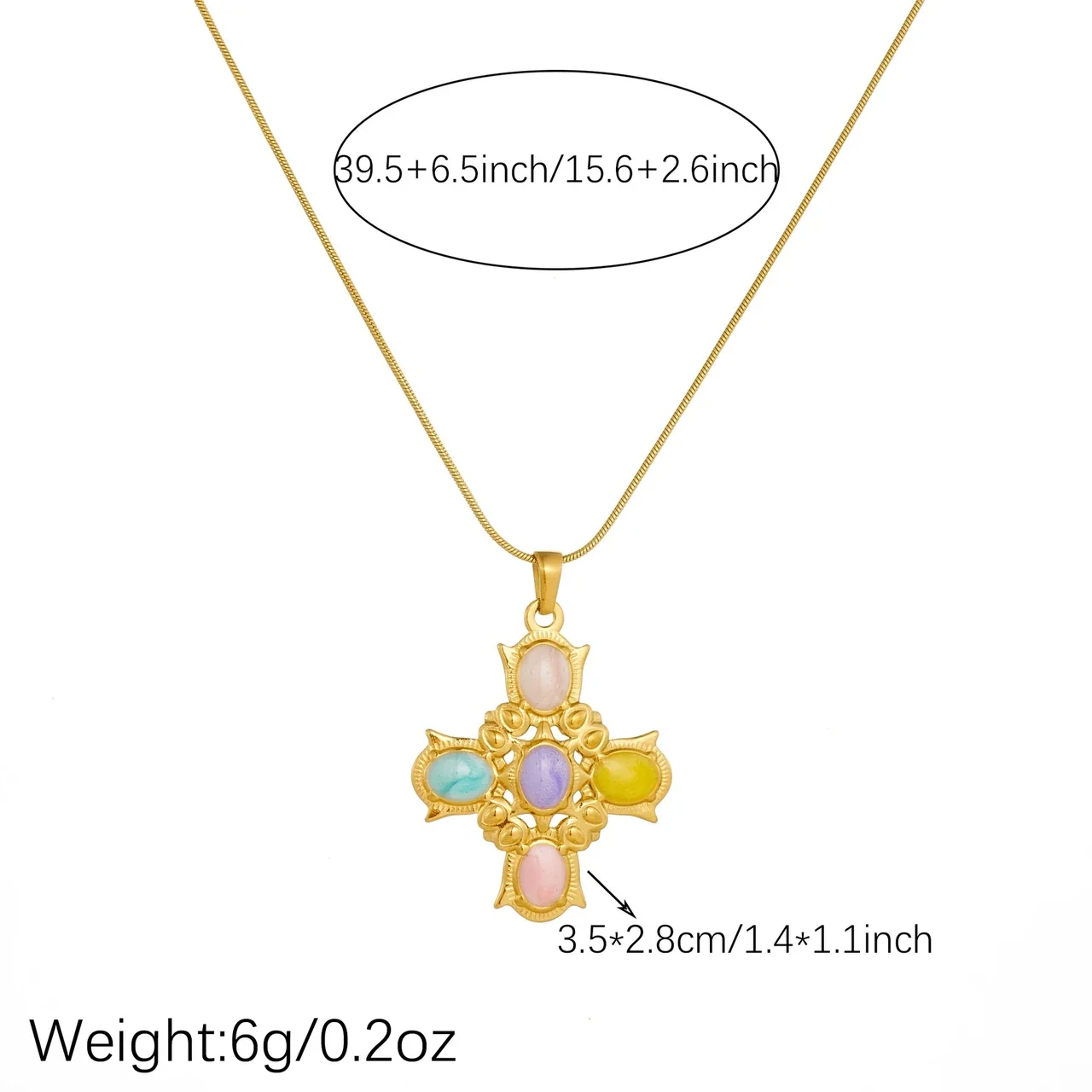 Cross Pendant Necklace with Pastel Cabochons, Gold-Plated Steel
