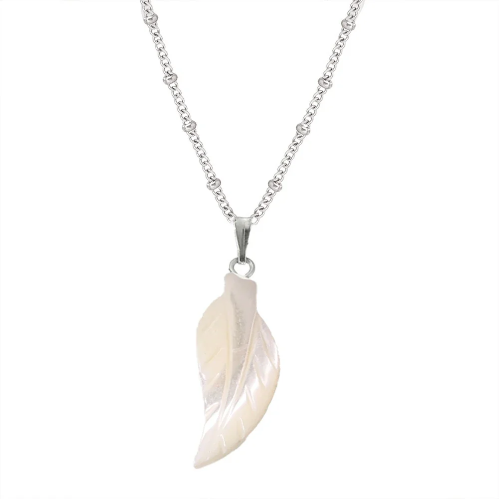Shell Pendant Necklace with Carved Leaf, Stainless Steel