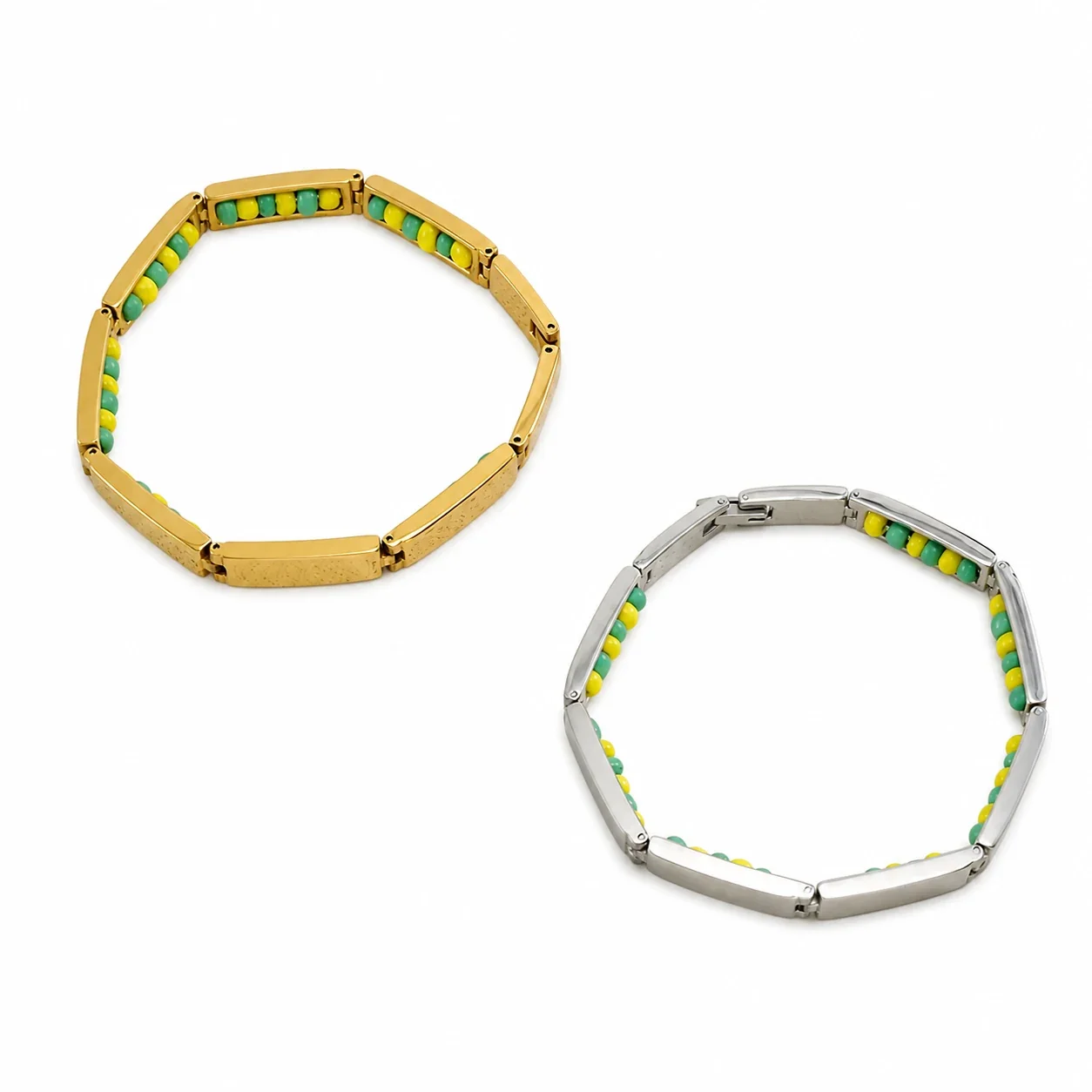 Sleek Stainless Steel Rectangular Link Bead Bracelet