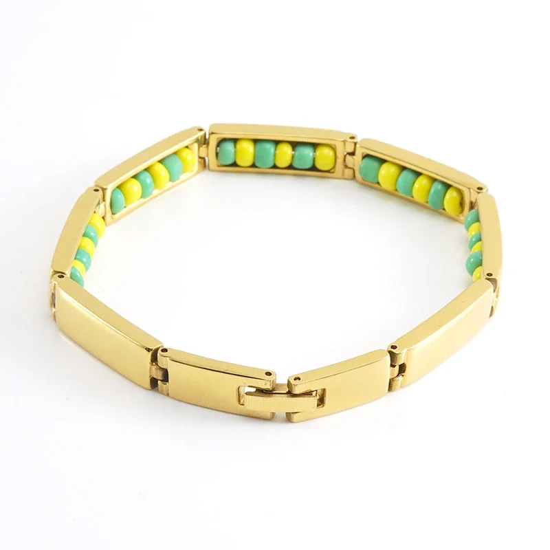 Sleek Stainless Steel Rectangular Link Bead Bracelet - Gold